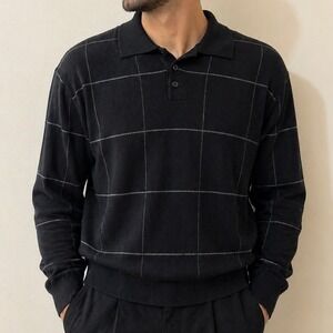 VINTAGE Riscatto Silk Blend Windowpane Polo Sweater - Men's XL - EUC Black